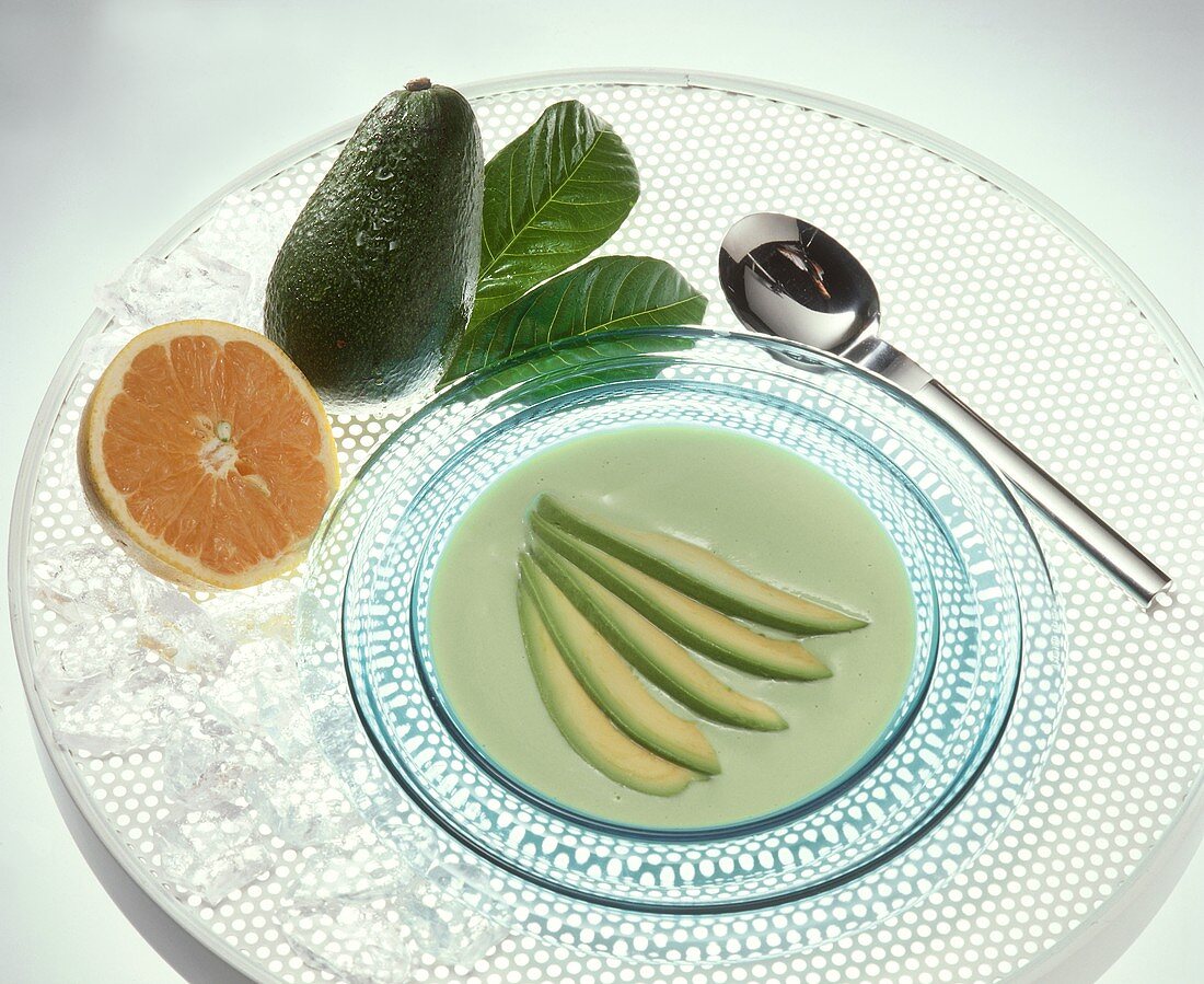 Cold Avocado and Grapefruit Soup with Garnish of Avocado Wedges