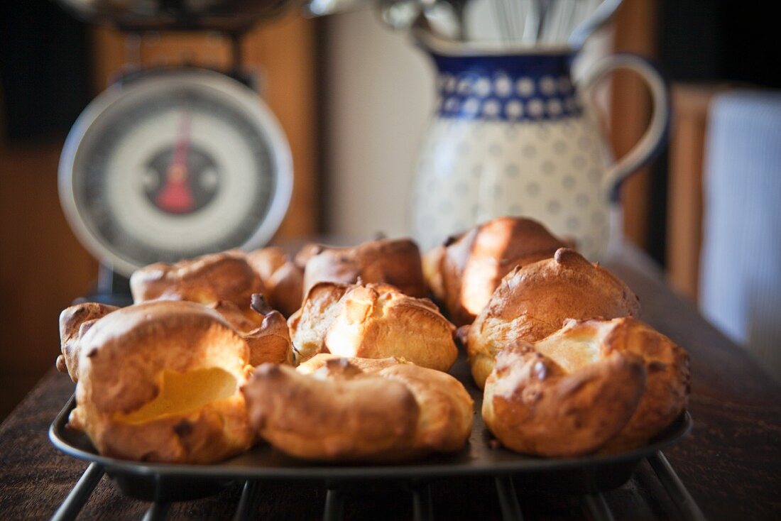 A tray of freshly baked Yorkshire puddings