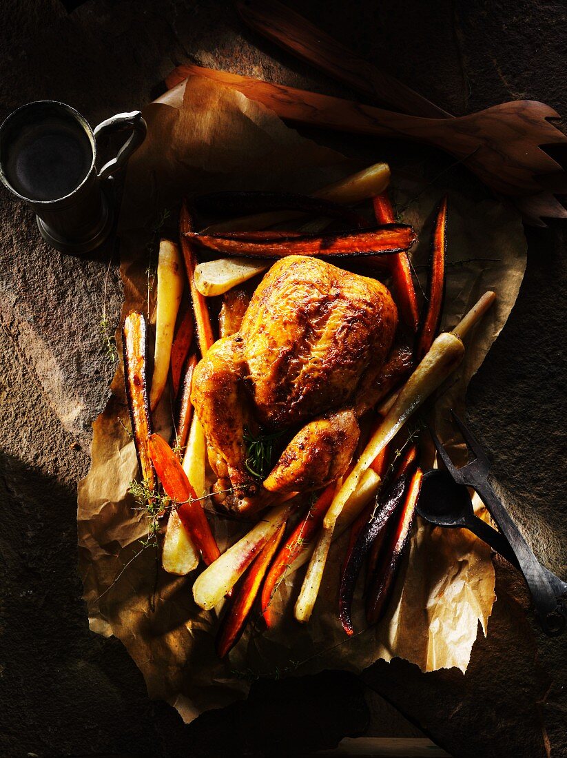 Roast chicken with parsnips and carrots