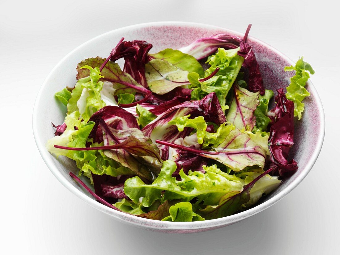 Mixed Greens and Radicchio Salad in Wooden Bowl; From Above