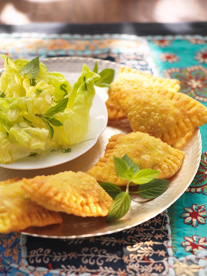 Indian samosas with mint lettuce