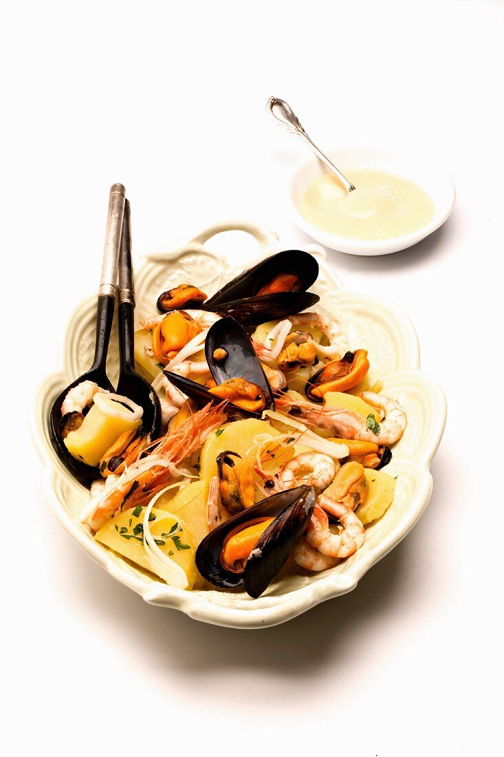 Seafood salad with mussels and potatoes