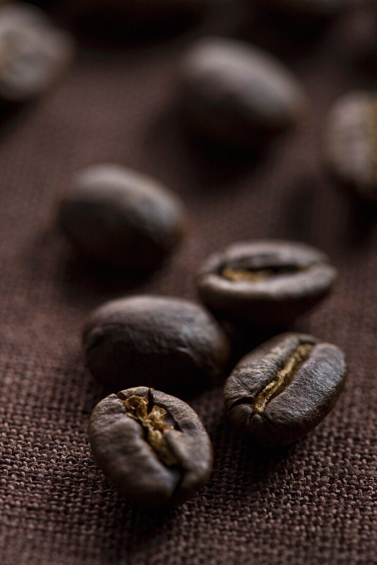 Kaffeebohnen auf dunkelbraunem Stoff