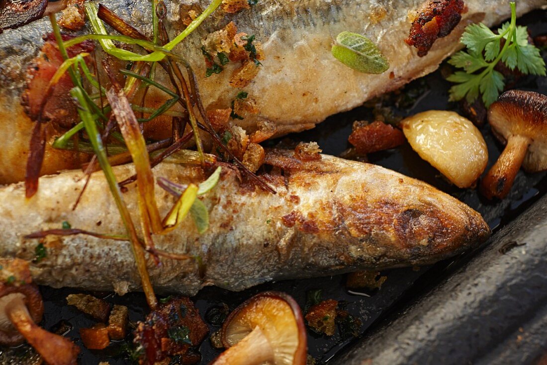 Roasted sardines with vegetables and herbs in an iron pan (close-up)