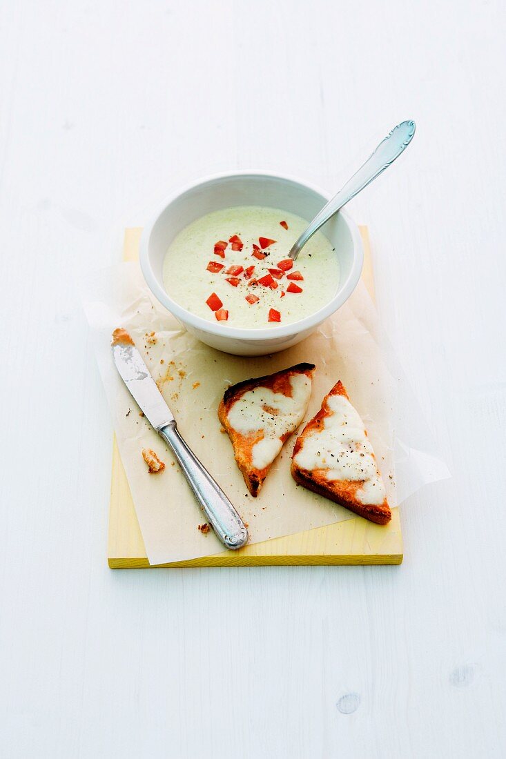 Leek and potato soup with cheese on toast