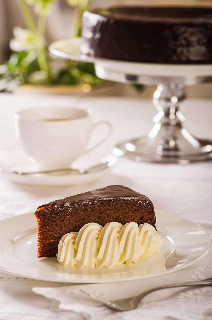 Sachertorte (rich Austrian chocolate cake) with whipped cream