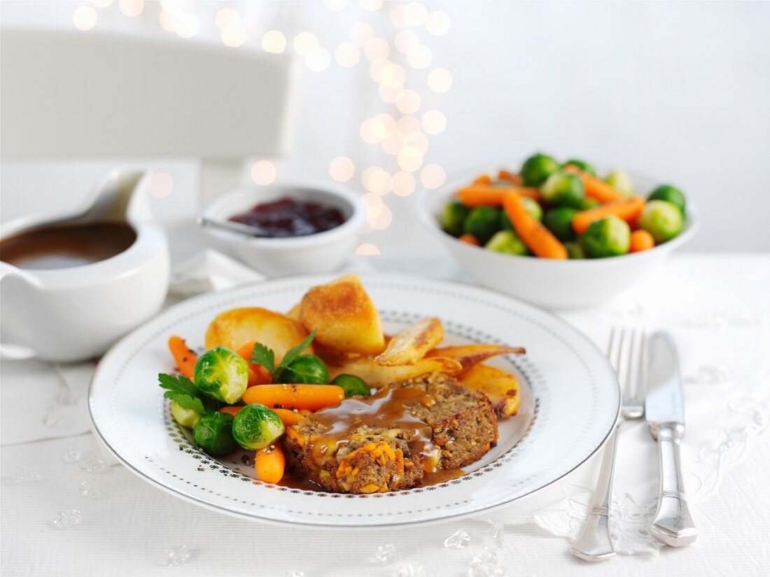 Wild mushrooms and chestnut roast with Stilton cheese and gravy for Christmas