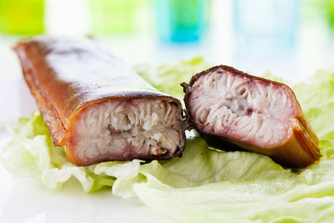 Smoked eel on a lettuce leaf