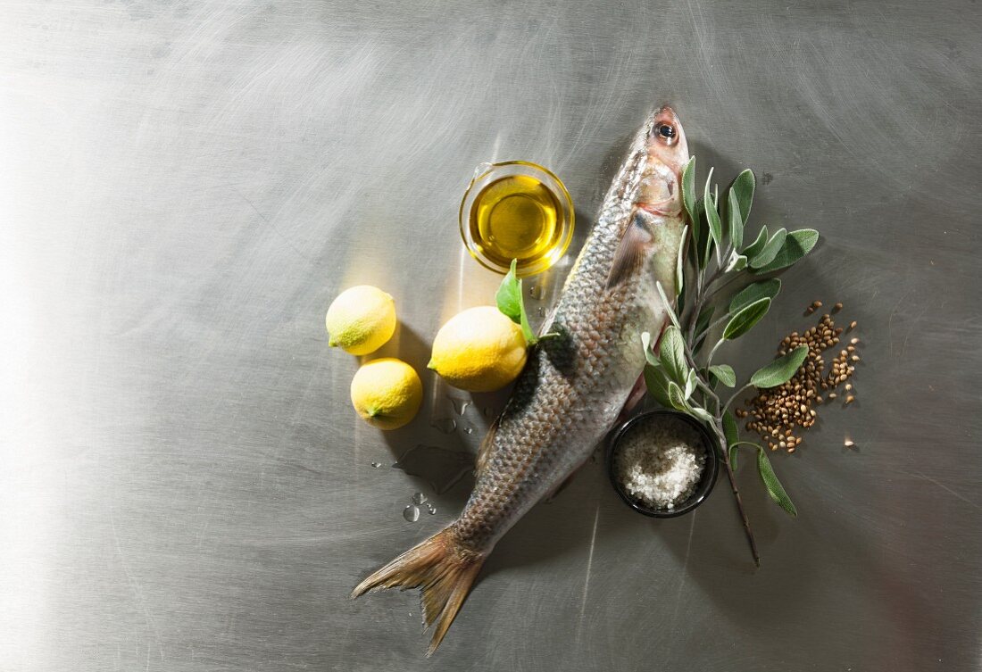 Stillleben mit Fisch, Zitronen, Olivenöl, Salbei und Gewürzen
