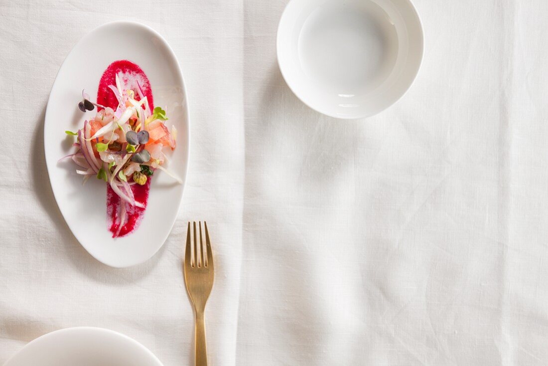 Grouper ceviche with horseradish, beetroot and radishes