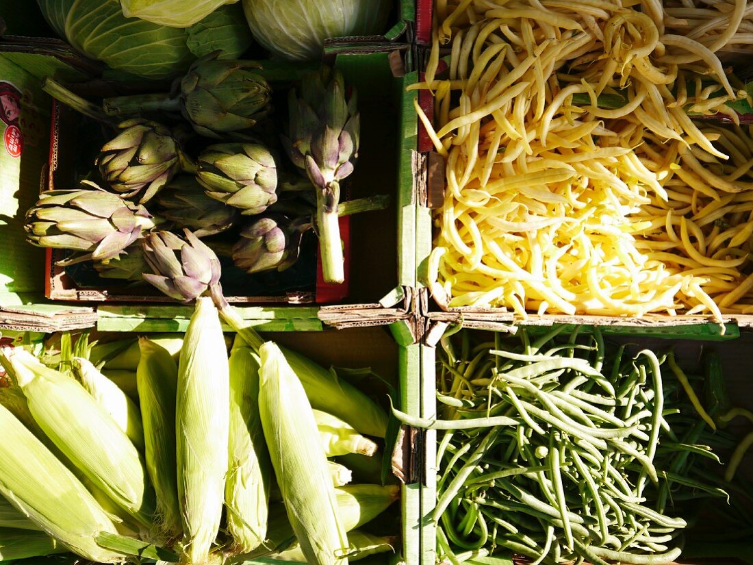 Artichokes, beans and corn cobs in crates at a market