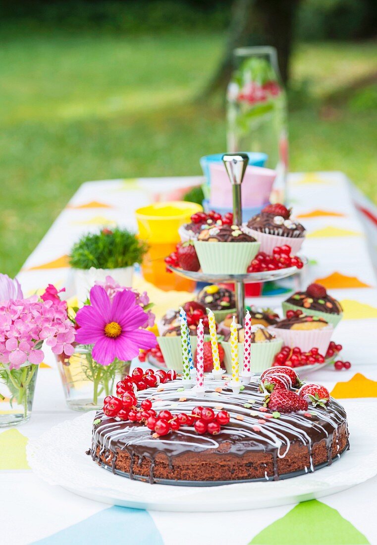Cake for a party on a table in a garden
