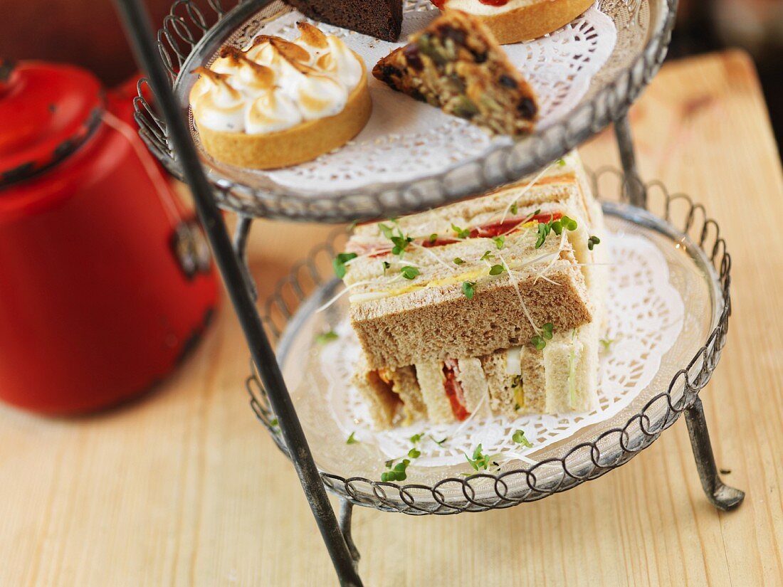 Sandwiches on a cake stand for tea time