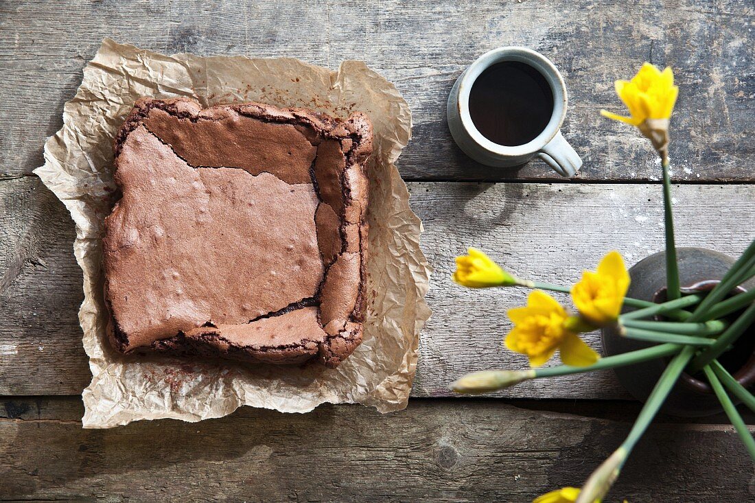 Chocolate brownies with a cup of coffee