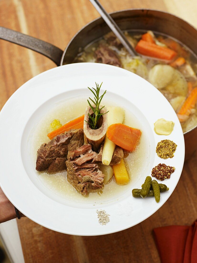 Pot au feu with vegetables and beef