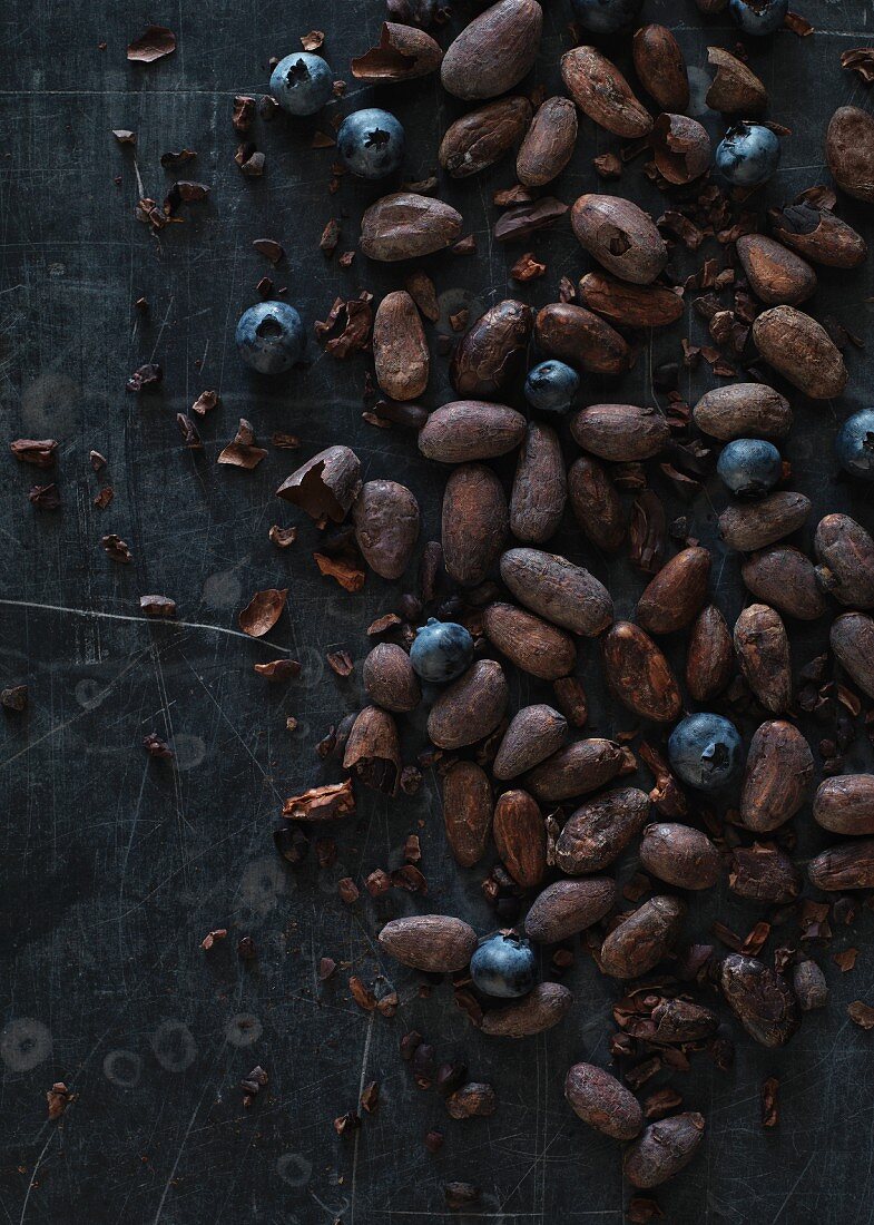 Kakaobohnen und Blaubeeren