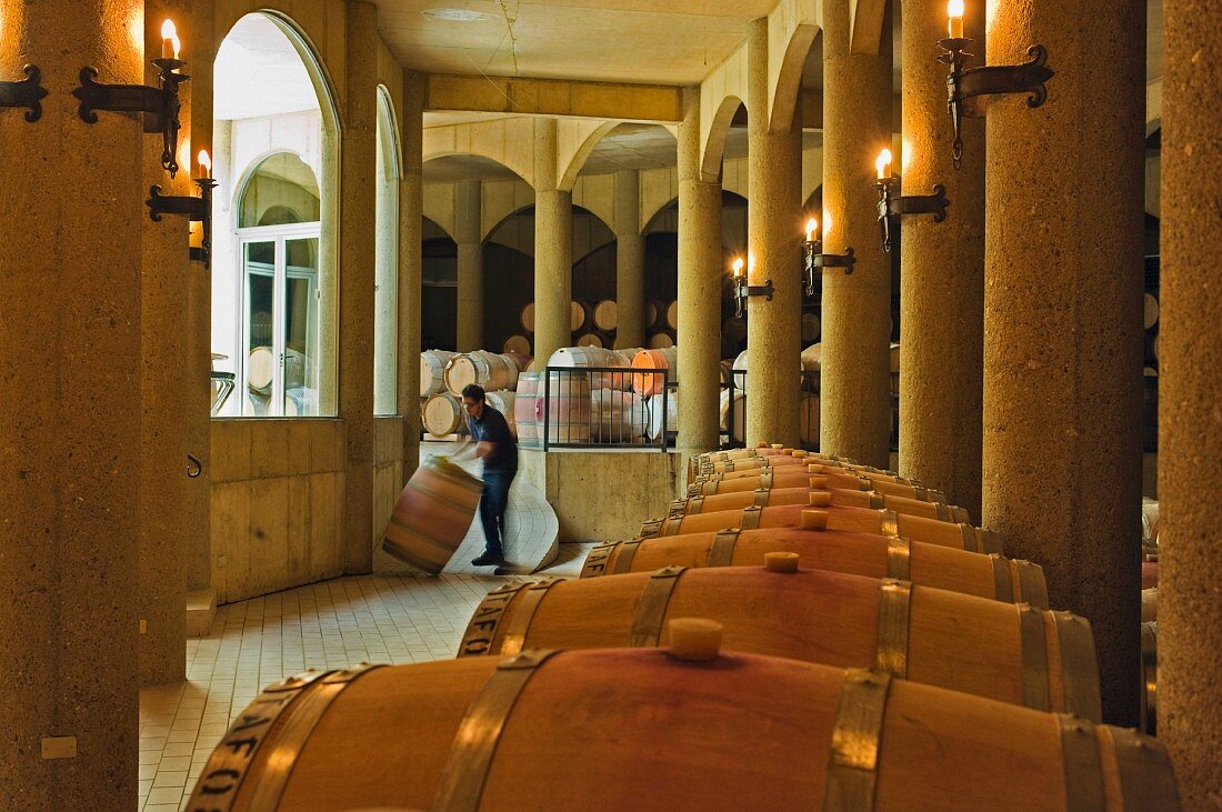 Arbeiter rollen Weinfass im Weinkeller von Haras de Pirque, Pirque, Maipo Valley, Chile