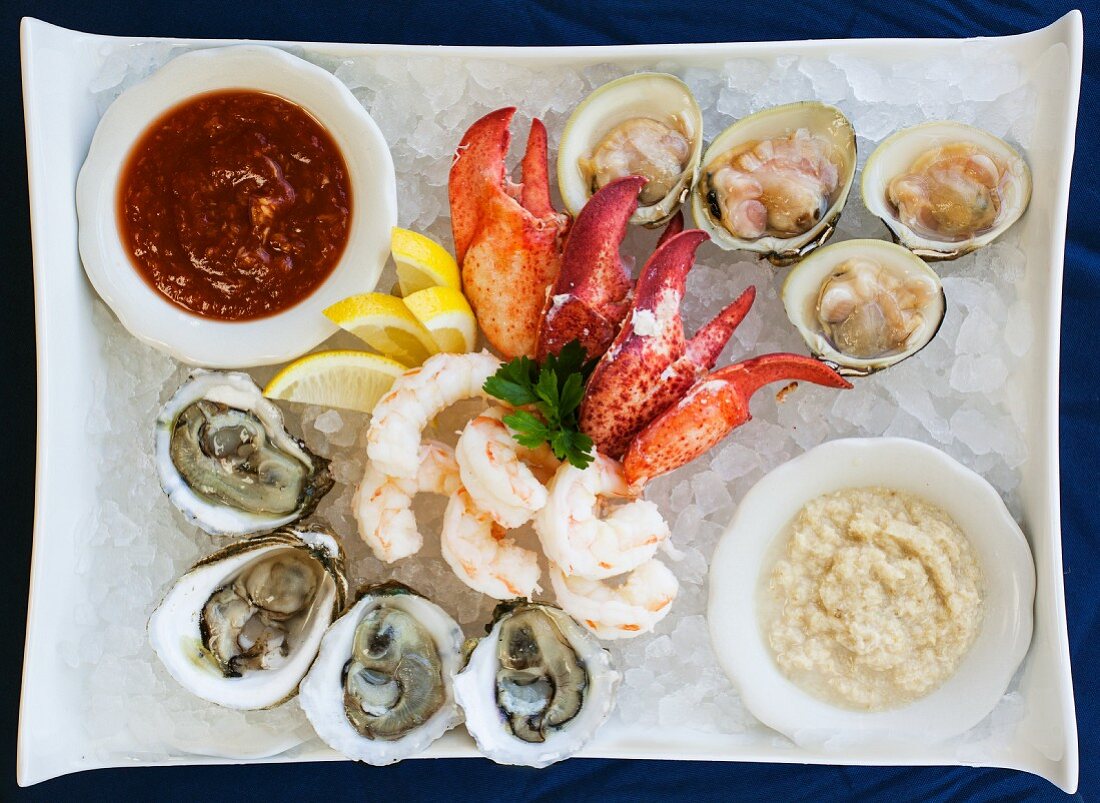 Seafood platter with two dips