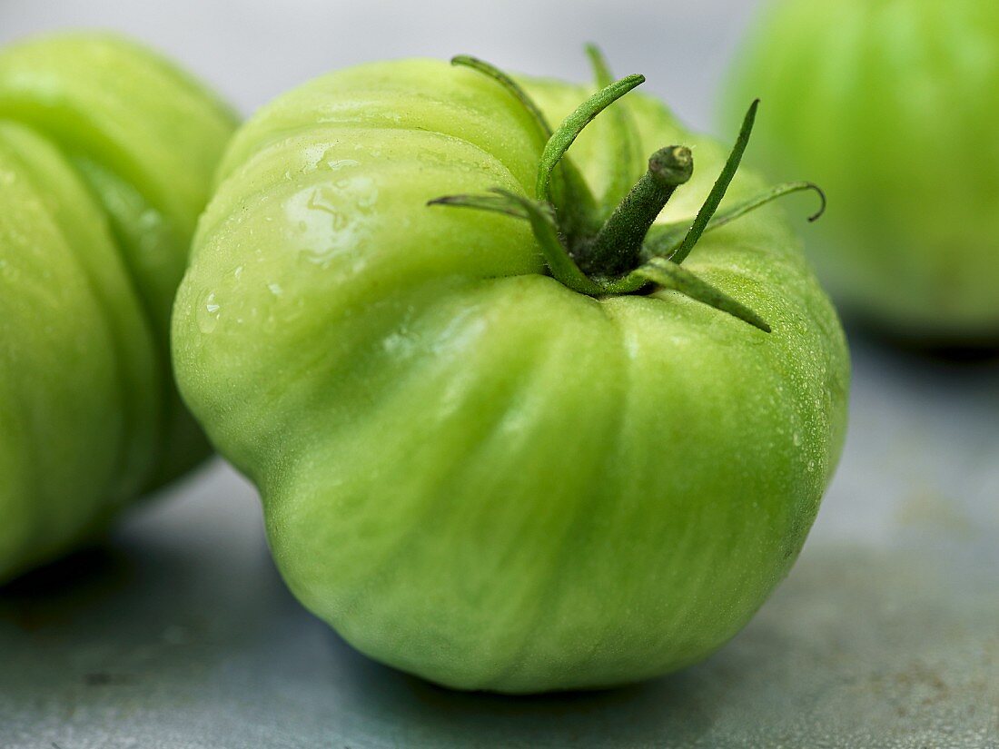 Grüne Fleischtomaten mit Wassertropfen