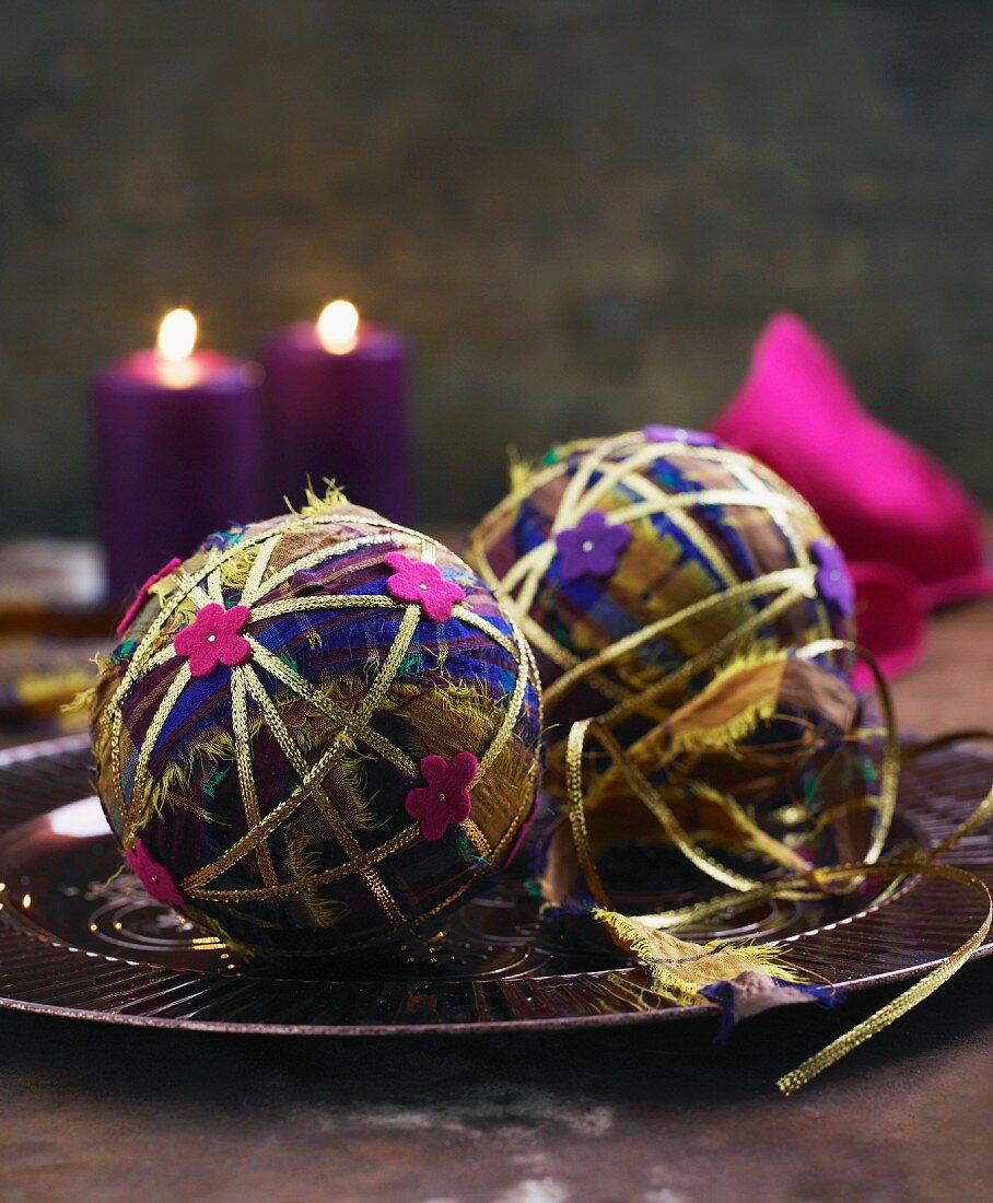 Christmas tree baubles made from fabric remnants