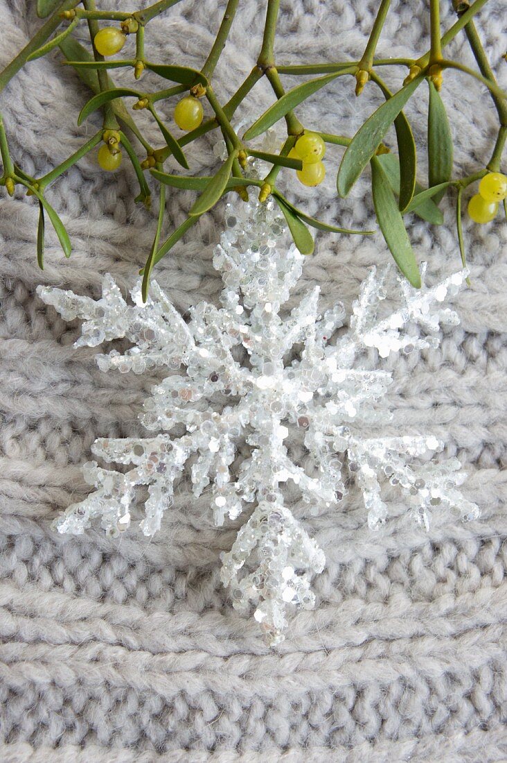 Glittery snowflake and sprig of mistletoe (Christmas arrangement)