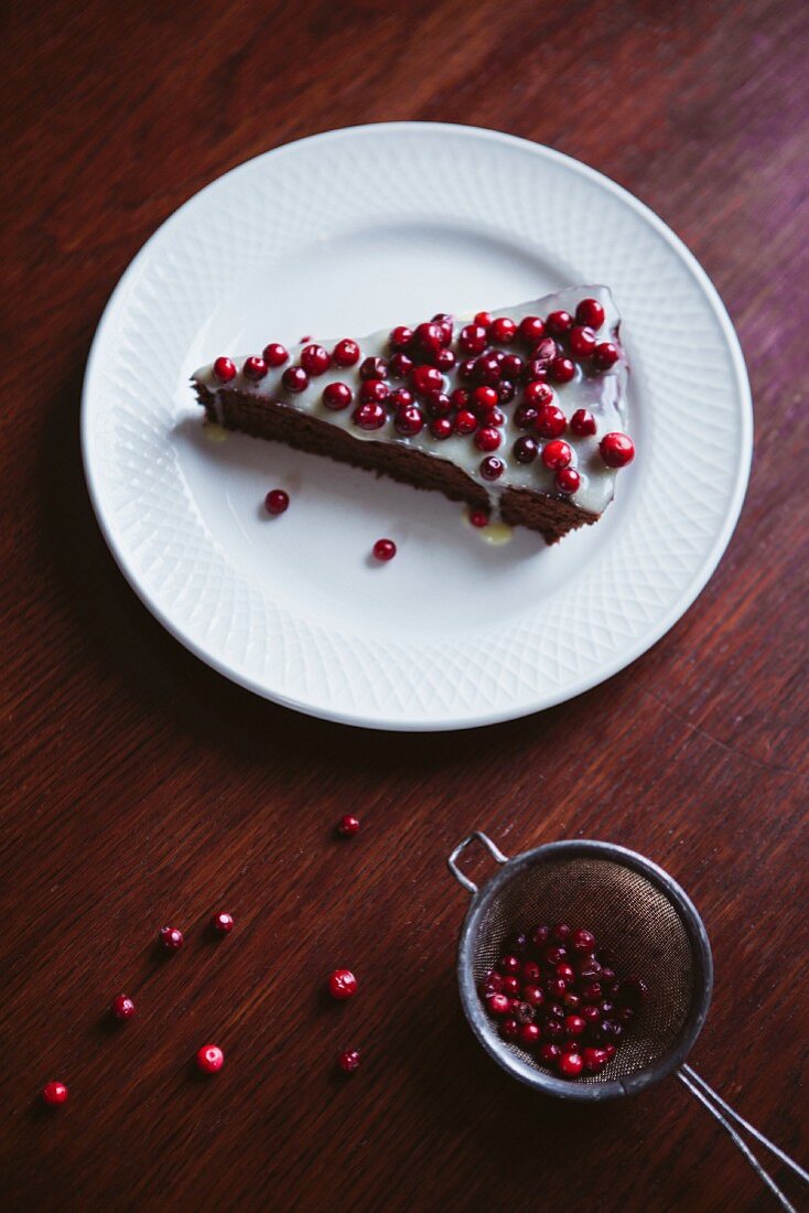 A slice of chocolate cake with cranberries and icing sugar