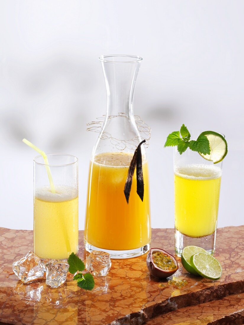 Various types of passion fruit lemonade (ginger, vanilla and lime)