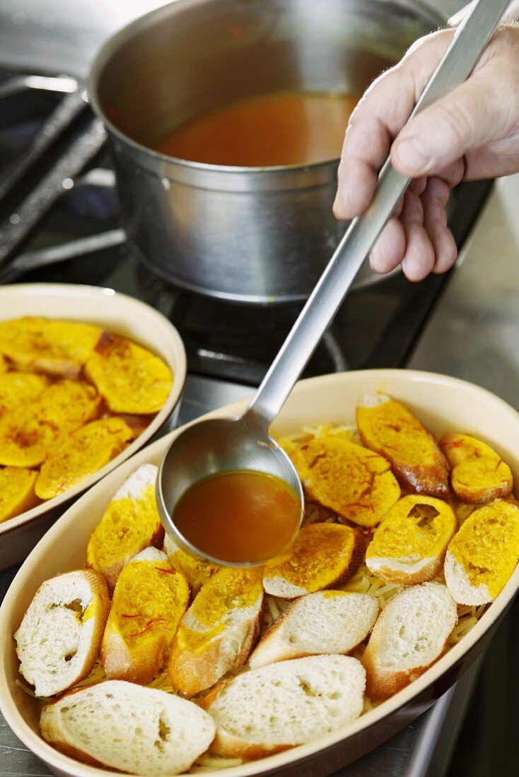 Sopa grassa (thick bread soup, Savoy) being made