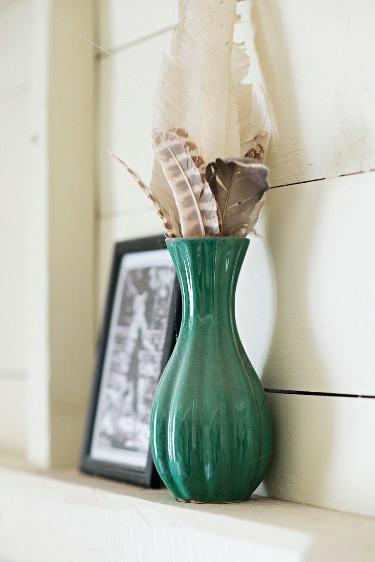 Collection of feathers in green ceramic vase on shelf