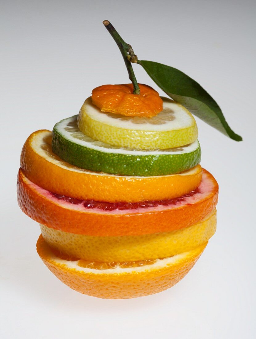 Various slices of citrus fruits (lemon, lime, orange, pink grapefruit, grapefruit)