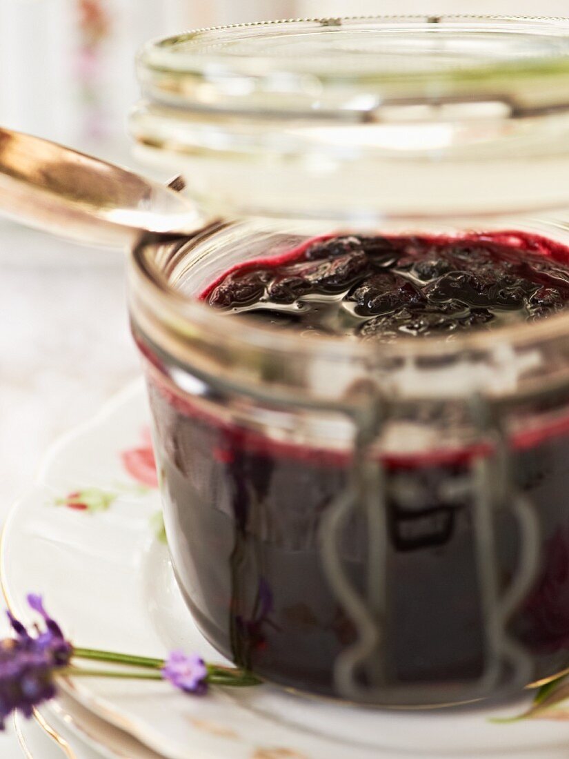 A jar of cherry and lavender chutney