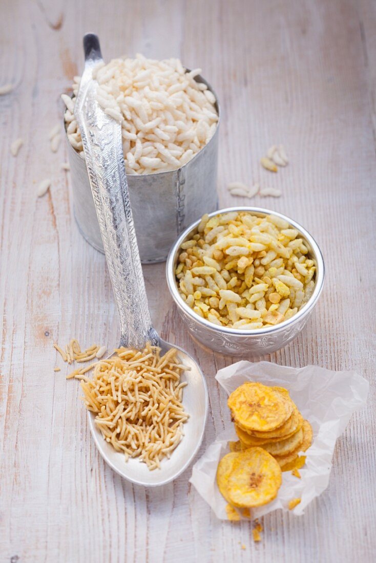 An arrangement of rice with dried plantains