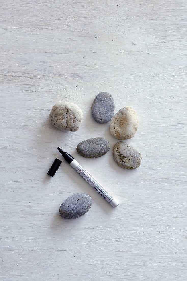 Collections of pebbles and felt-tipped pen on wooden surface