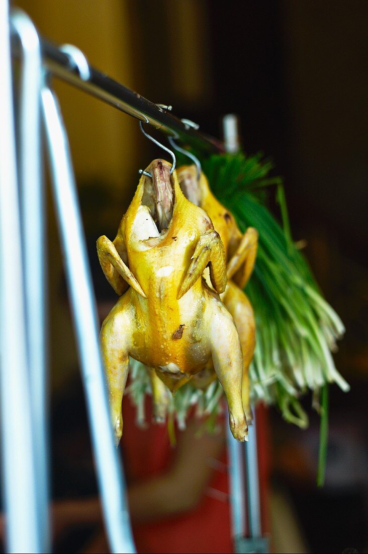 A whole cooked soup chicken hanging on a hook at a market in Haiphong, Vietnam