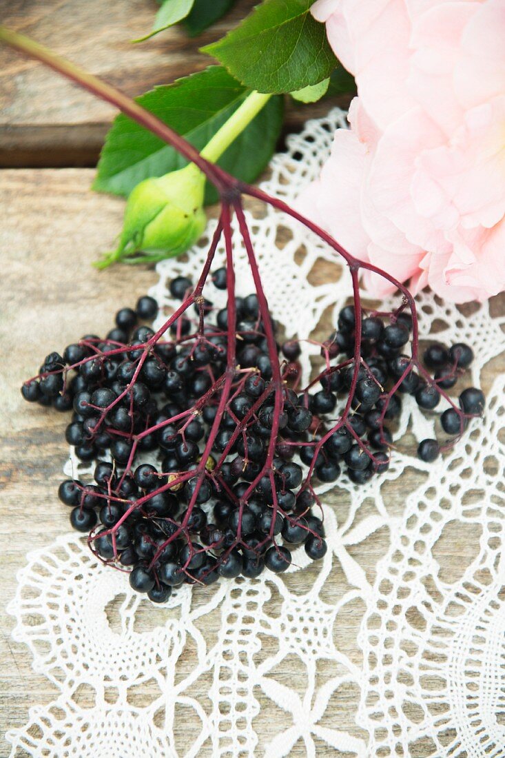 Elderberries on a crocheted doily