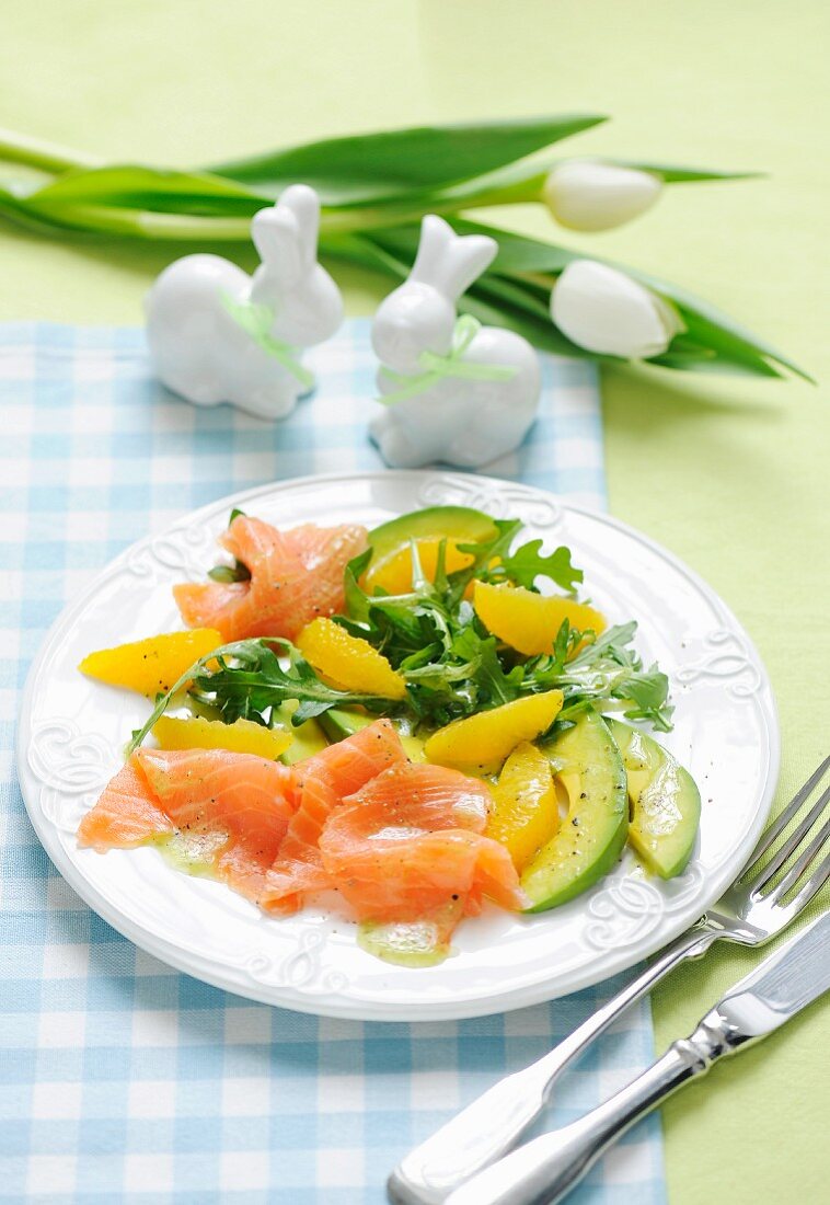 Salmon and avocado salad with oranges and rocket for Easter