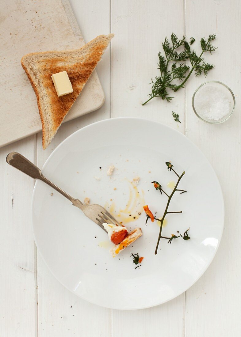 Remains of a fried egg with tomatoes and toast