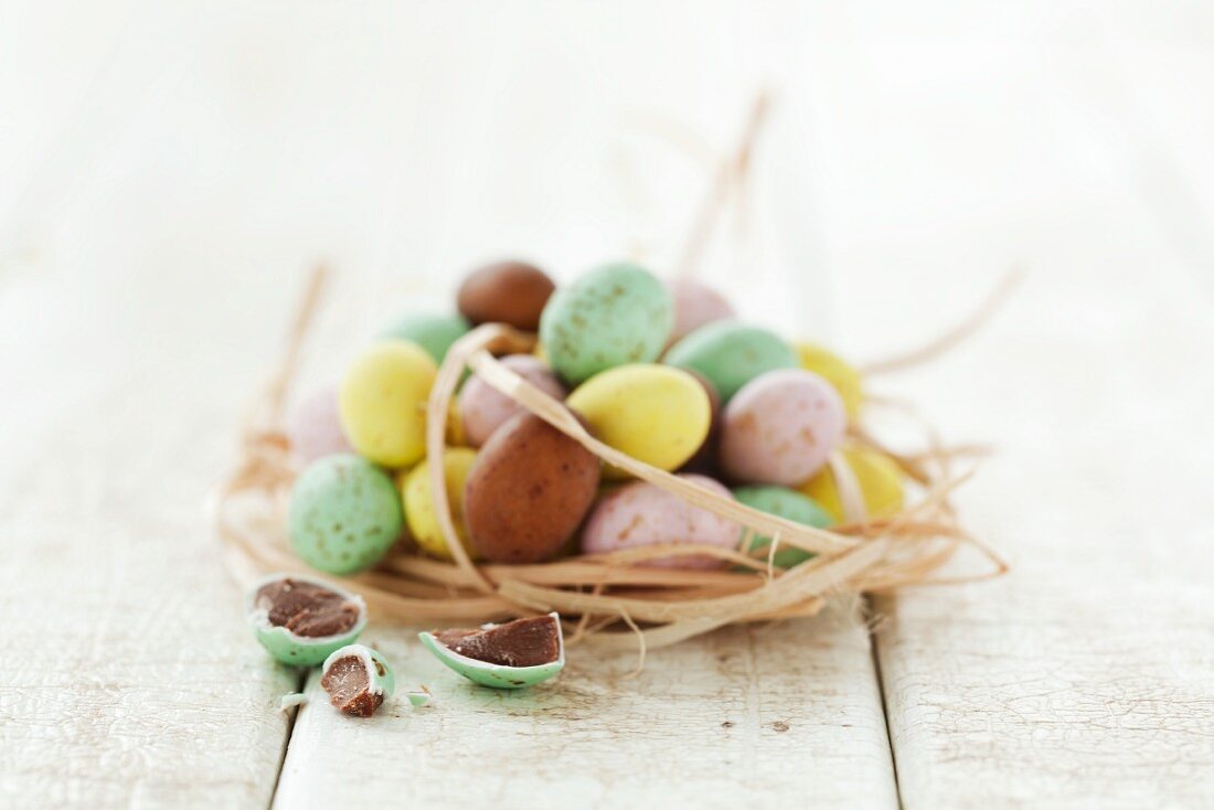 Mini chocolate eggs in an Easter nest