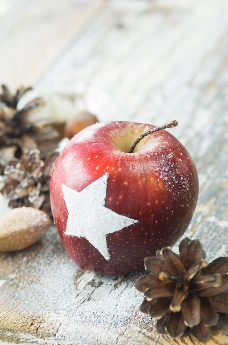 Weihnachtsapfel mit Schneestern, Tannenzapfen und Nüssen