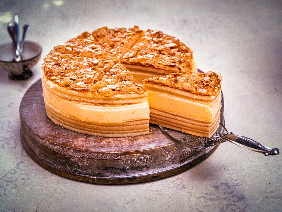 Layered German honey cake, sliced