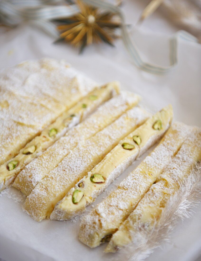 White saffron confectionery with pistachios