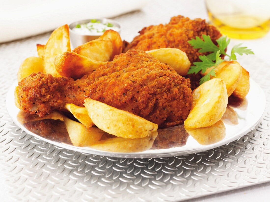 Chicken legs with a spicy coating and potato wedges