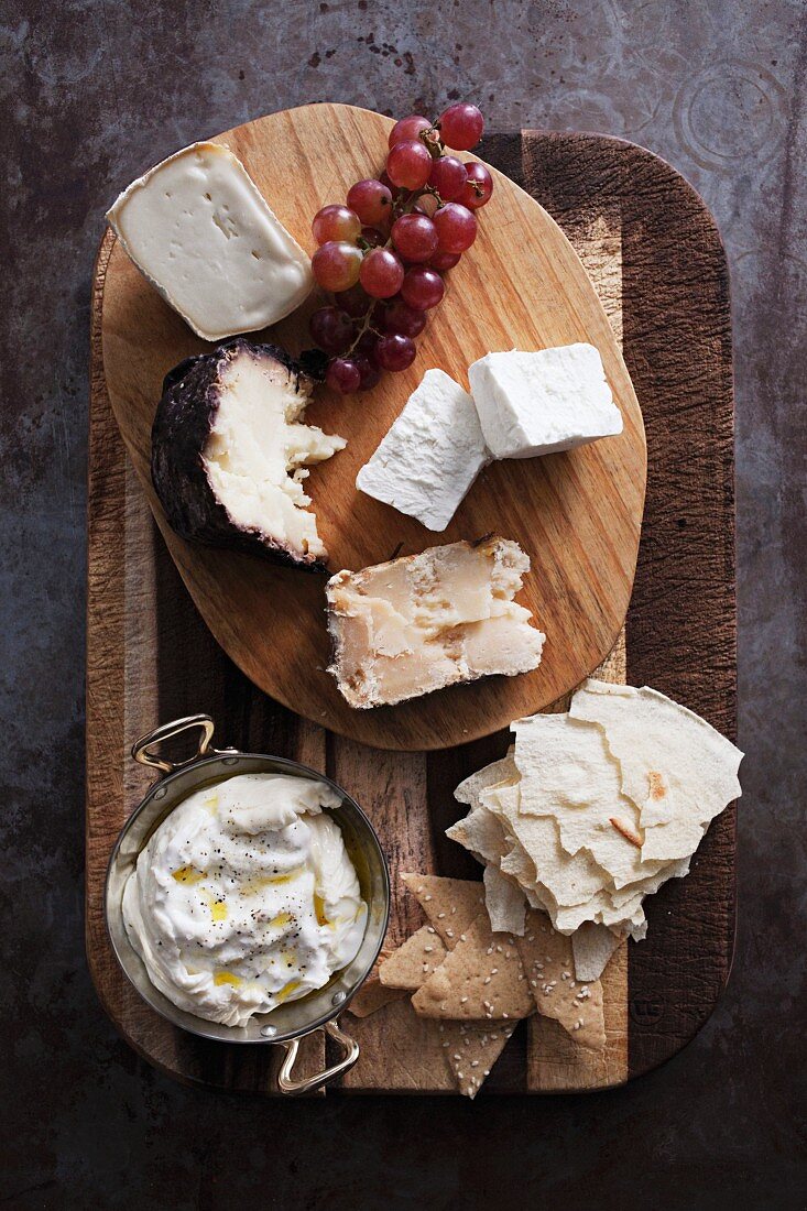 A mixed cheese platter (seen from above)