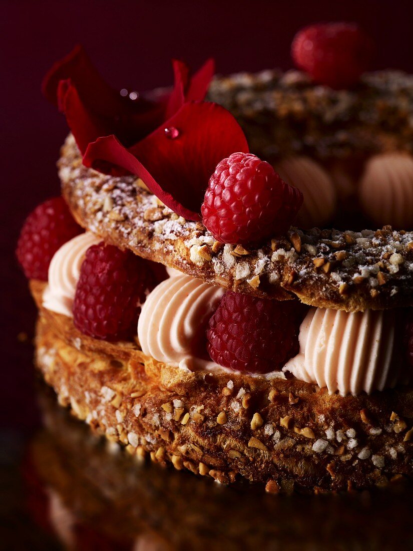 Paris Brest (cream cake with slivered almonds and raspberries)