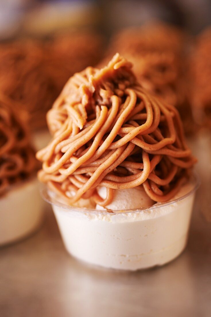 White chocolate mousse in a glass with a chestnut topping