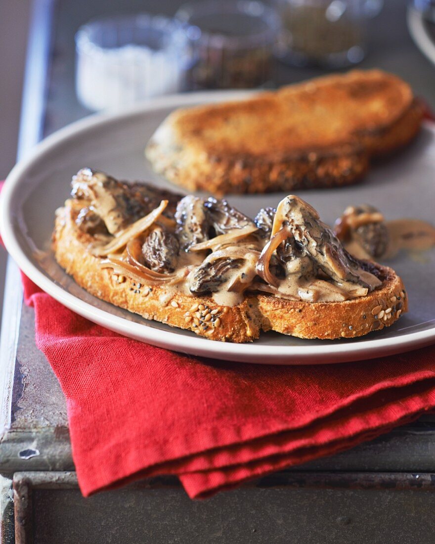 A slice of bread topped with morel mushrooms and onions