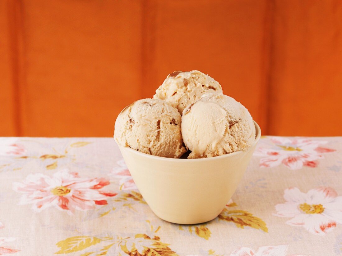 A bowl of butterscotch ice cream