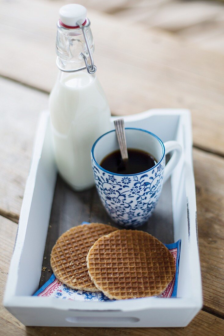 A cup of coffee, syrup waffles and a bottle of milk on a tray