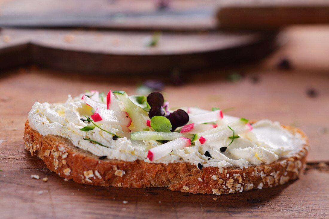 A slice of bread topped with cream cheese, radishes and cress