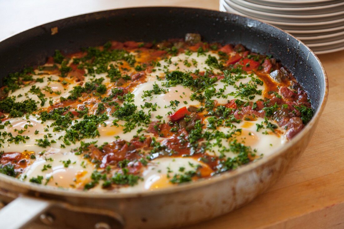 Shakshouka (a fried North African dish with eggs)